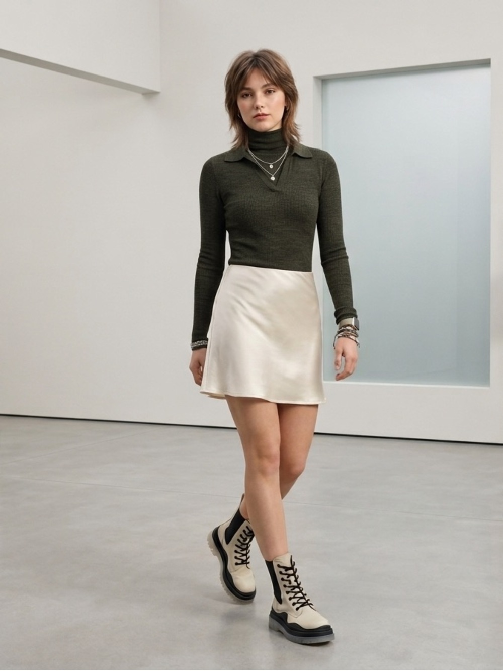 Satin A-Line Mini Skirt in Cream